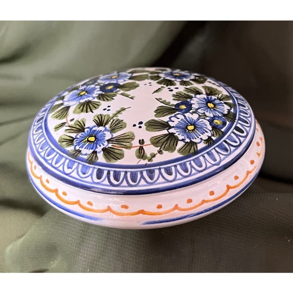 L.C. DA Castelli Signed Trinket Box Jar Blue Flowers Round 4" dia